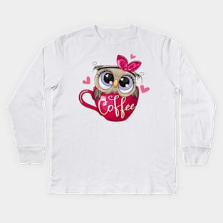 A cute owl sits in a cup with the inscription coffee. Kids Long Sleeve T-Shirt